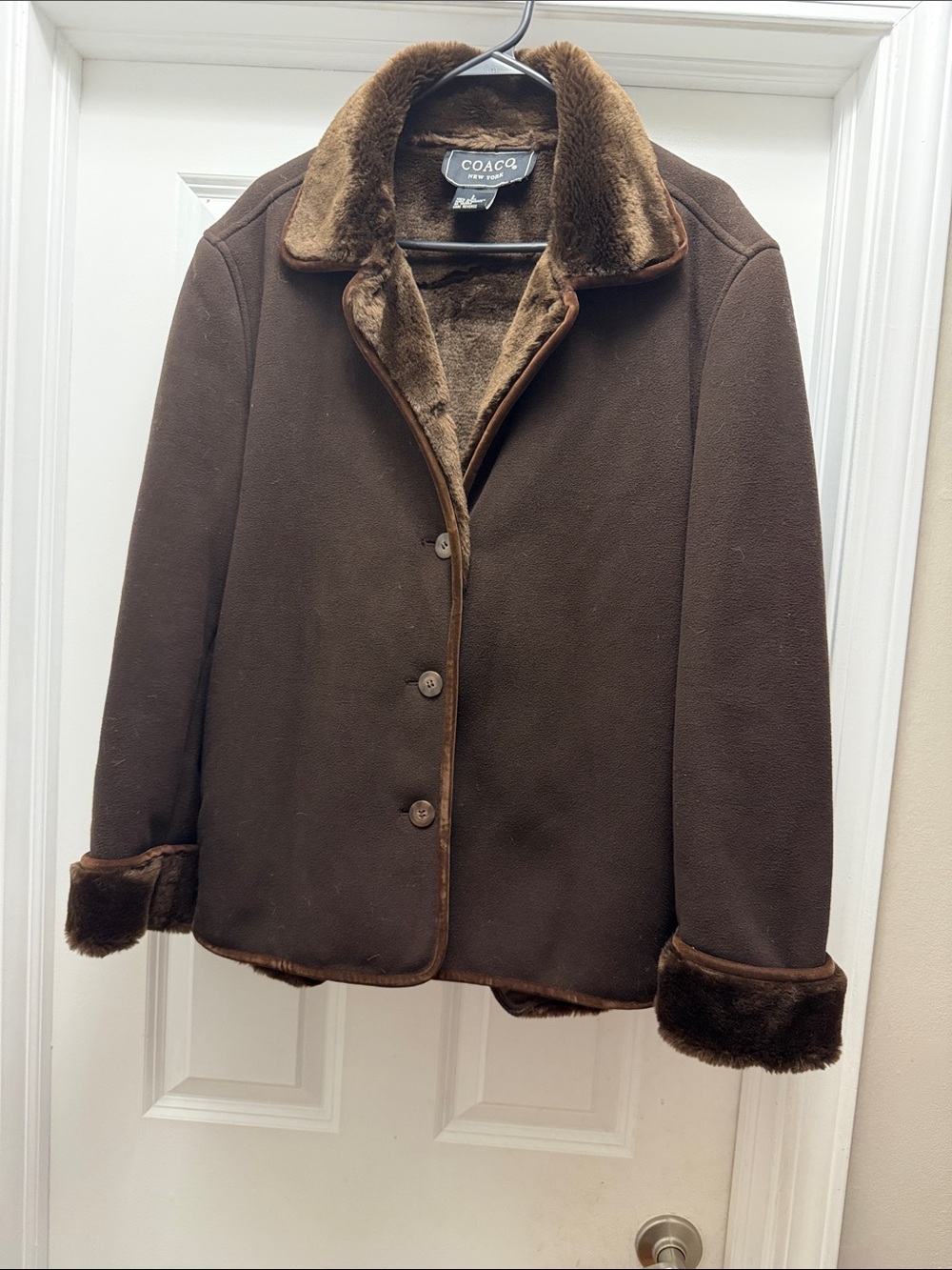 Coach Women's Brown Faux-Fur Trim Teddy Jacket